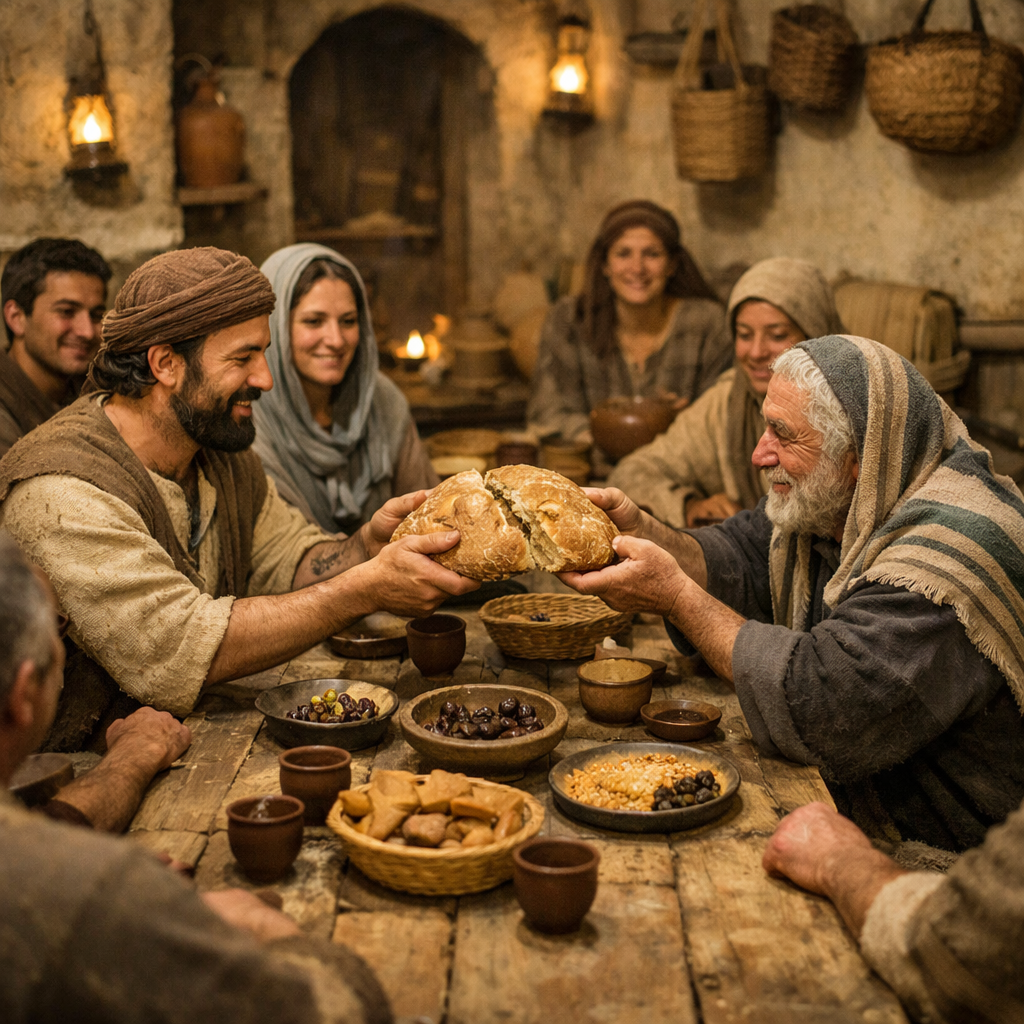 People in historical clothing sharing bread at a rustic wooden table with bowls of food