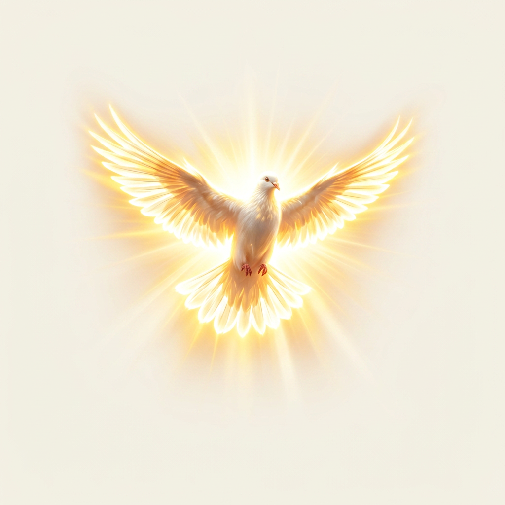 White dove with outstretched wings illuminated by bright golden light