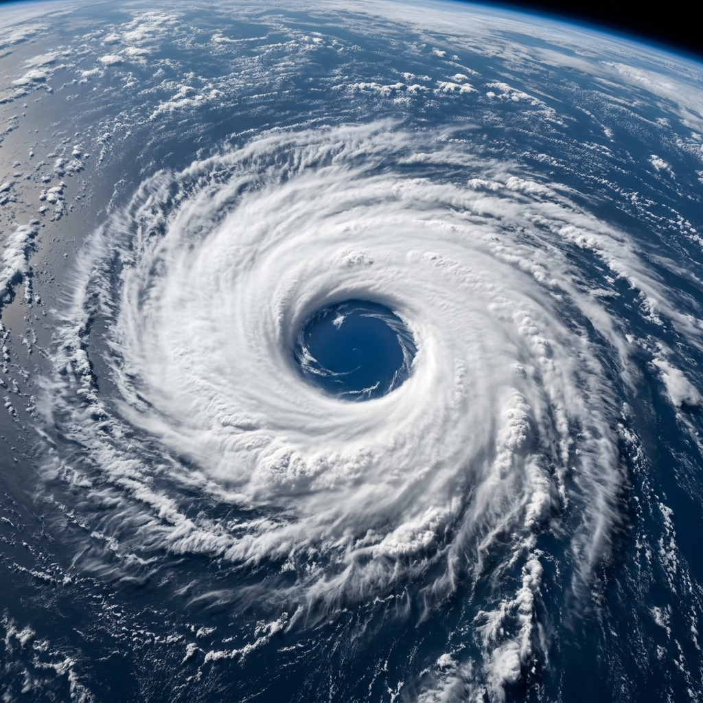 Satellite image showing a large hurricane with a distinct eye over the ocean
