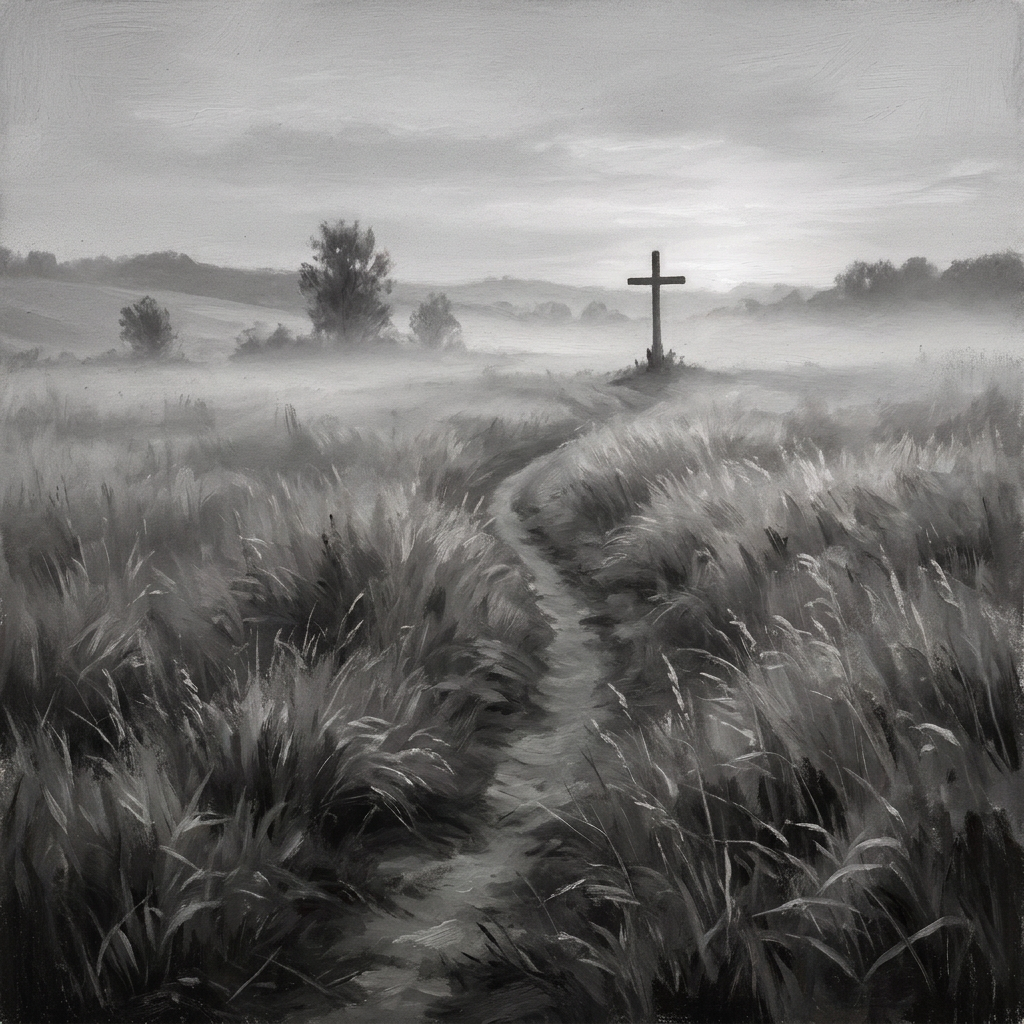 Misty grassy path leading to a cross at sunrise